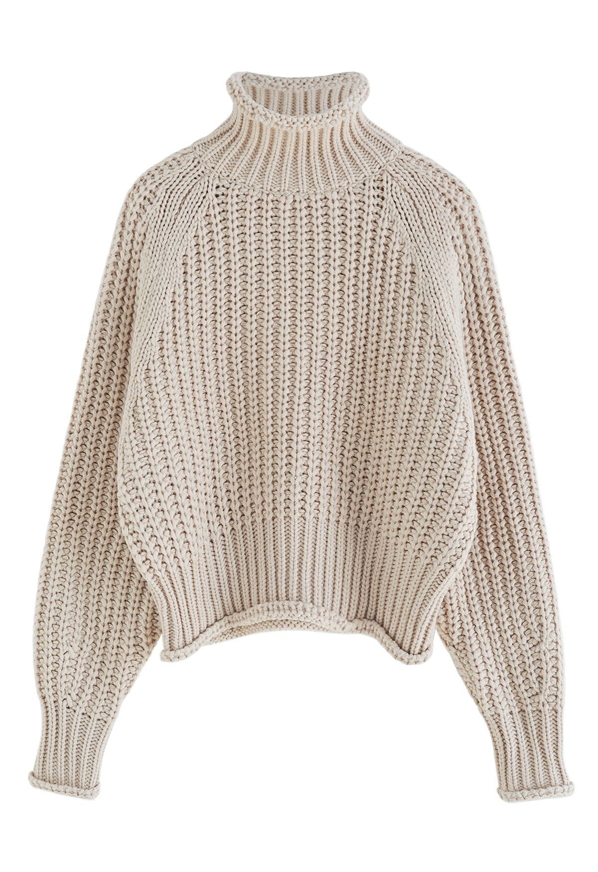 High Neck Chunky Knit Sweater in Light Tan