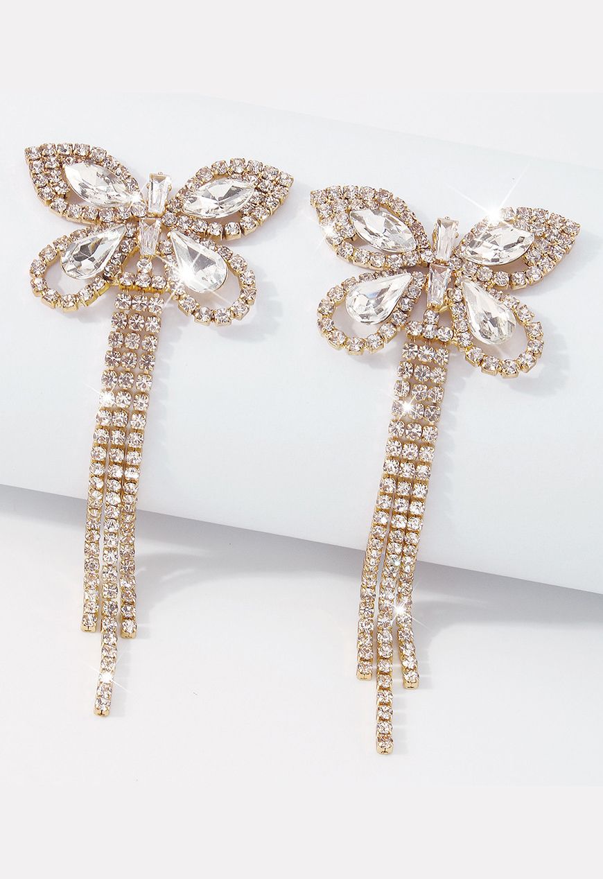 Full Diamond Butterfly Tassel Drop Earrings