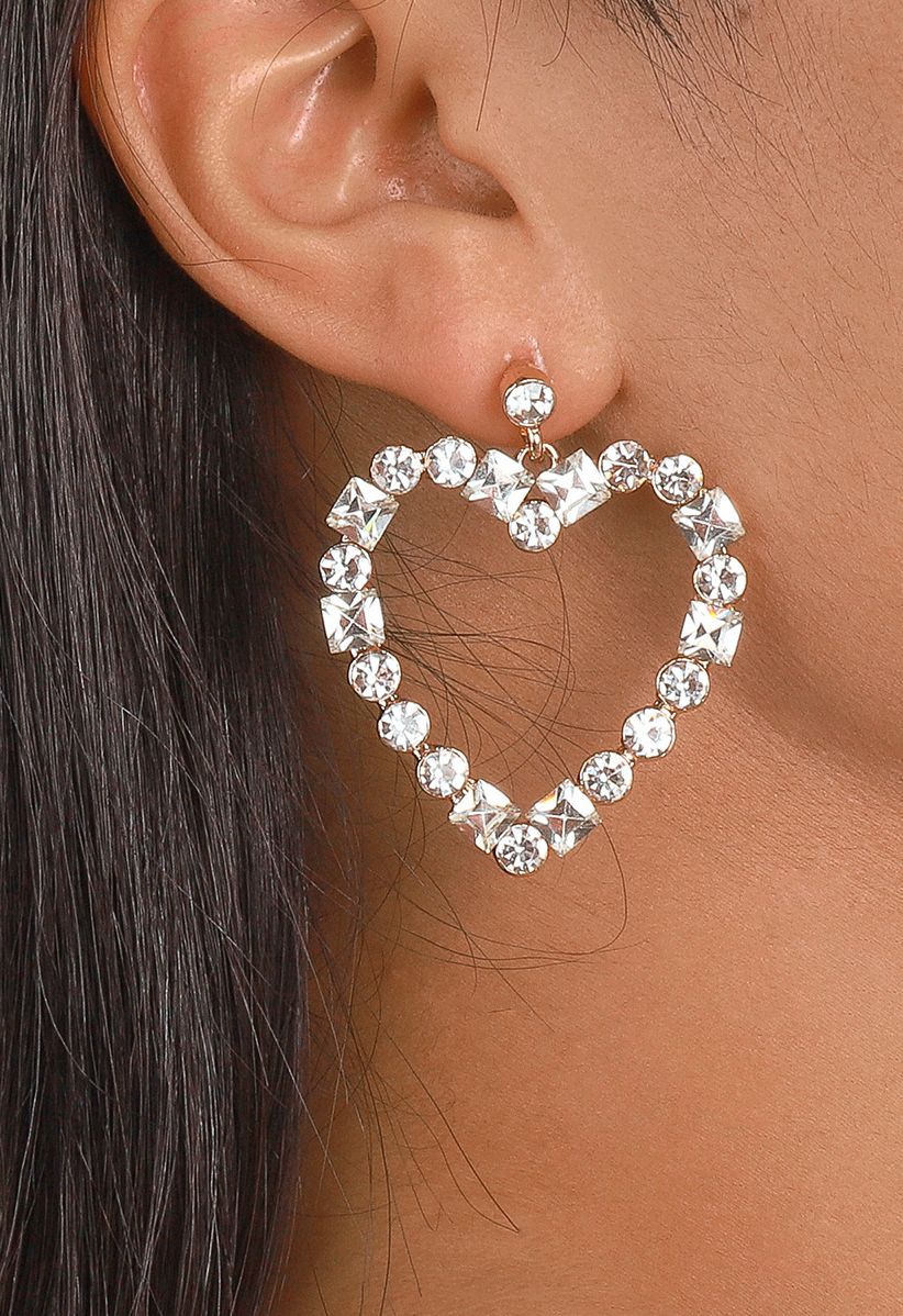 Hollow Out Heart Rhinestone Earrings