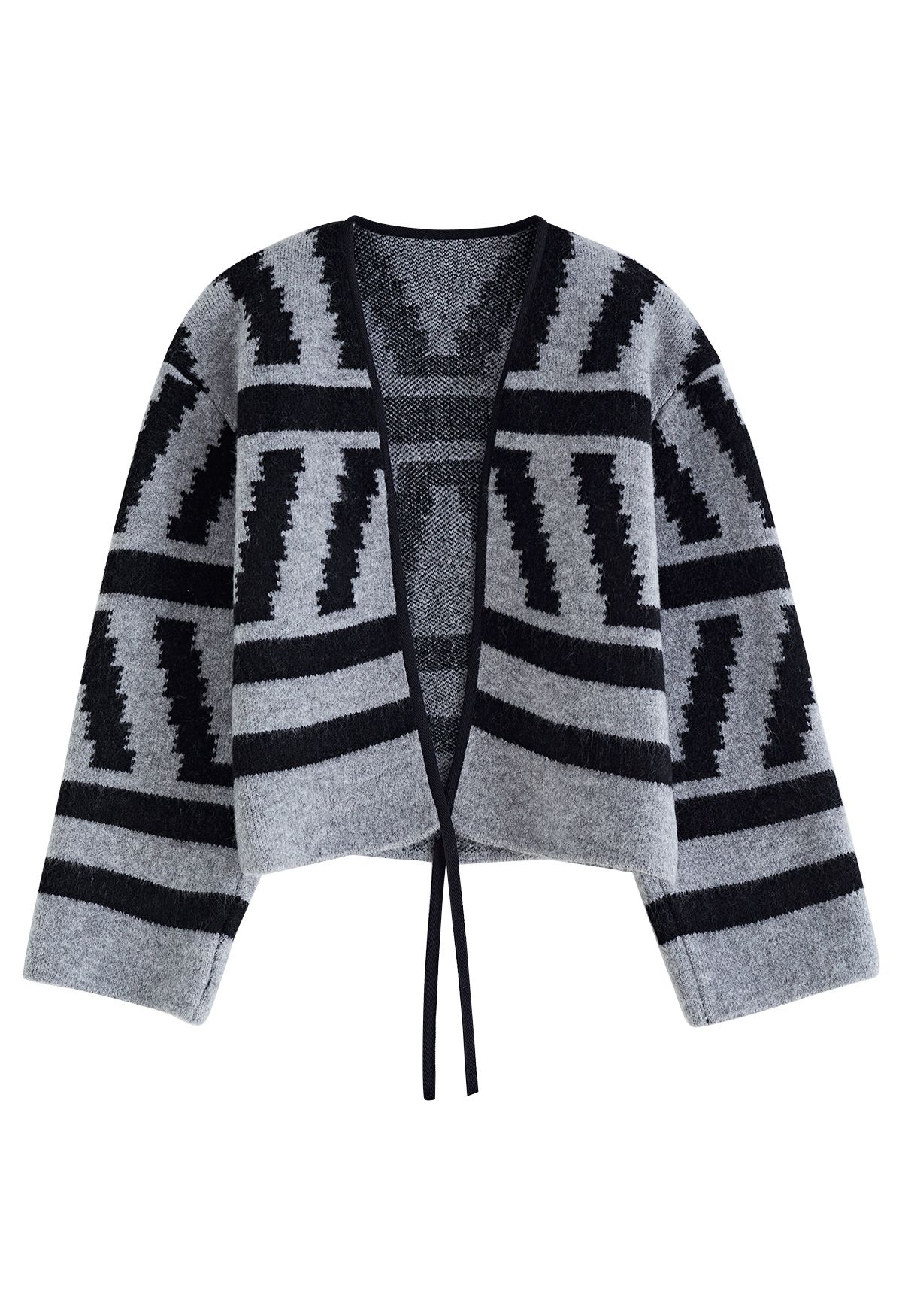 Tie-String Open Front Striped Knit Cardigan in Grey