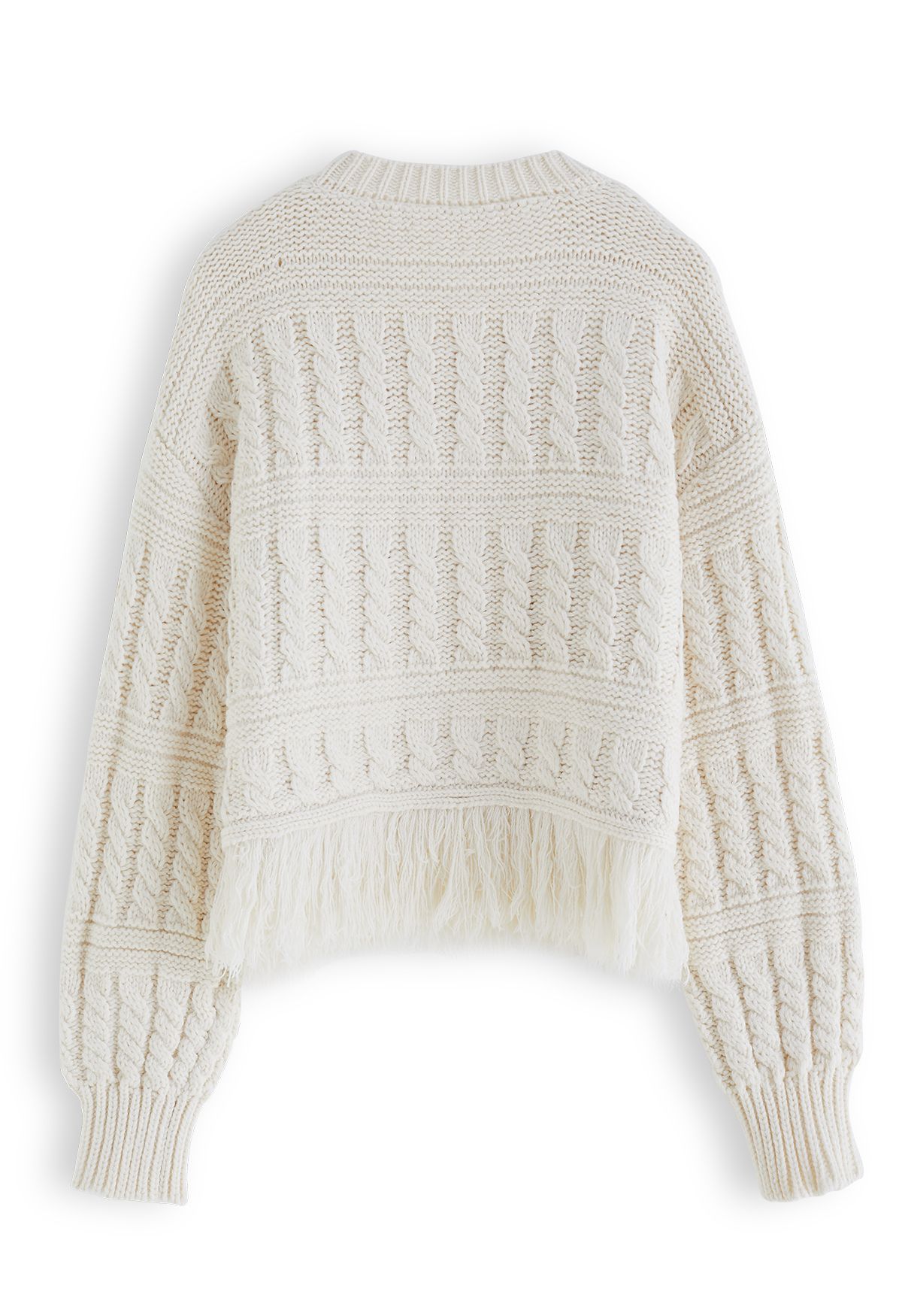 Fringed Hem Braided Knit Sweater in Ivory
