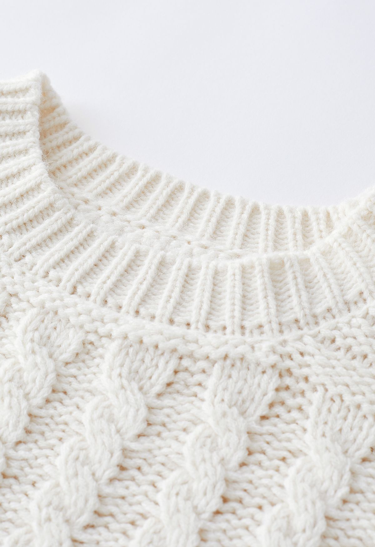 Fringed Hem Braided Knit Sweater in Ivory
