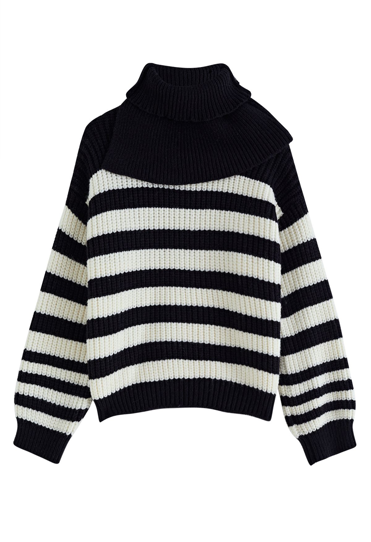 Detachable Scarf Striped Knit Sweater in Black