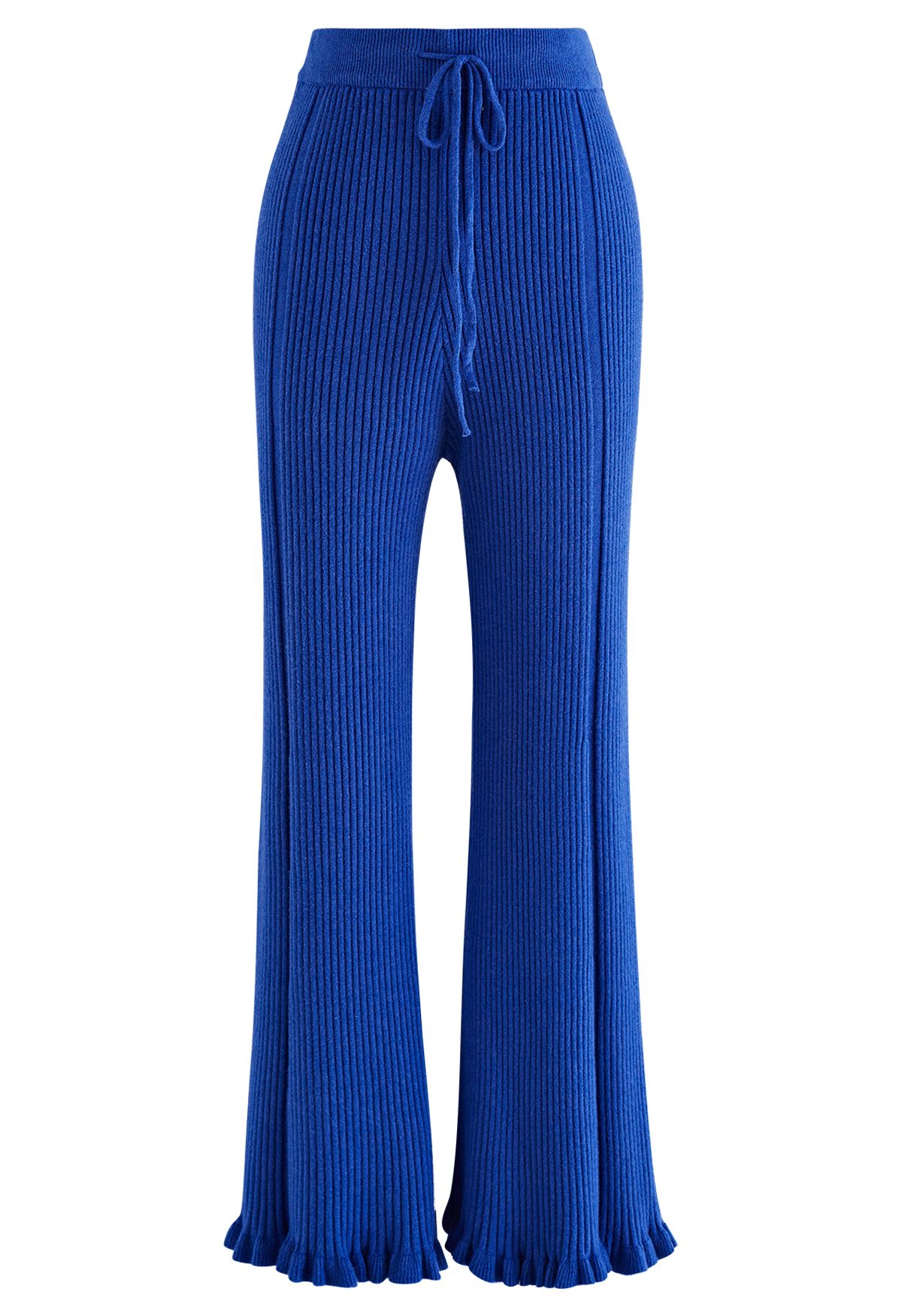 Ruffle Flare Hem Ribbed Knit Pants in Indigo