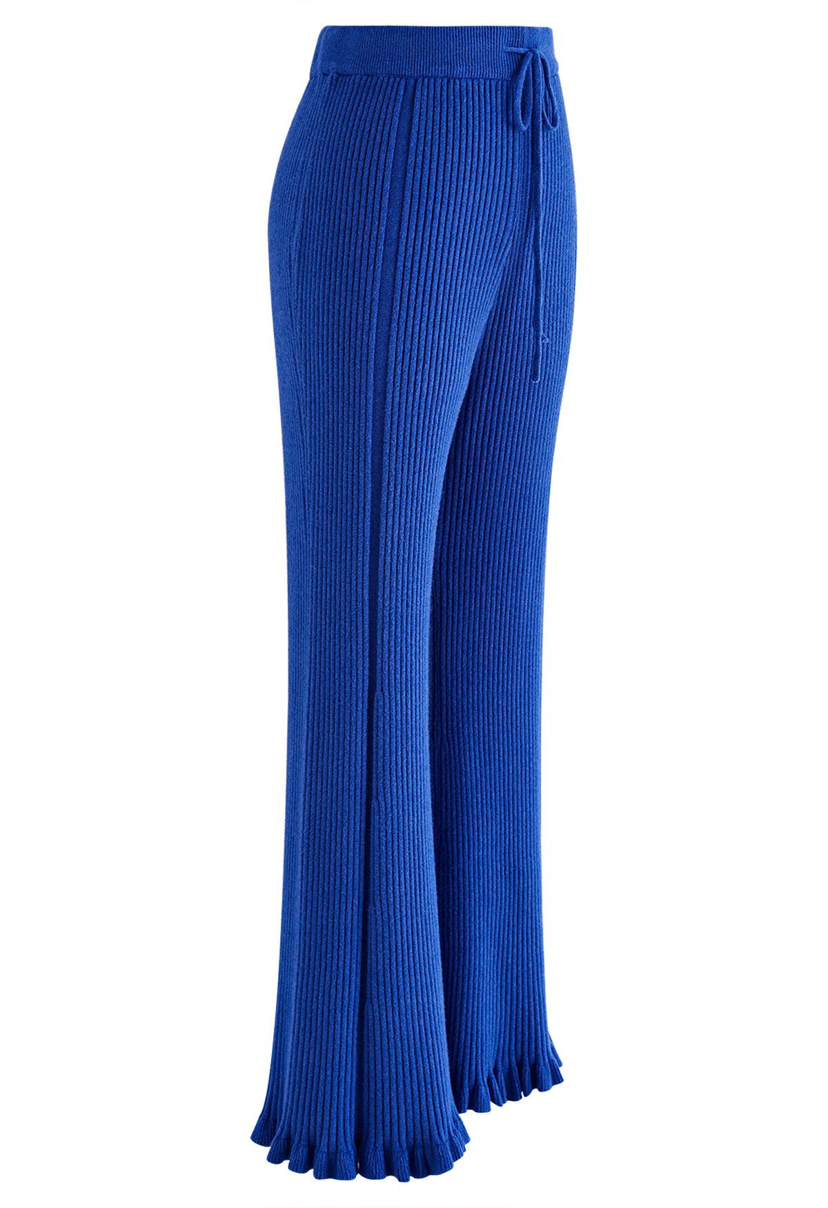 Ruffle Flare Hem Ribbed Knit Pants in Indigo