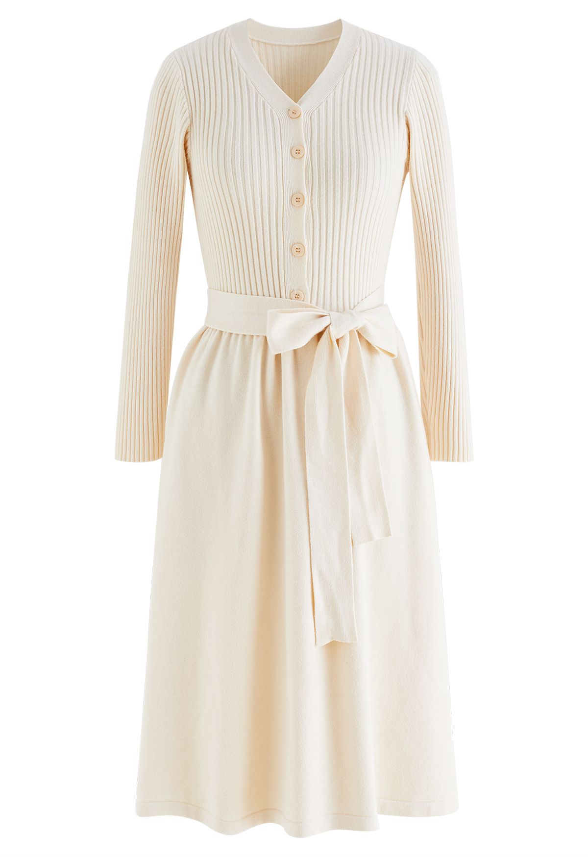 V-Neck Bowknot Waist Buttoned Knit Dress in Cream