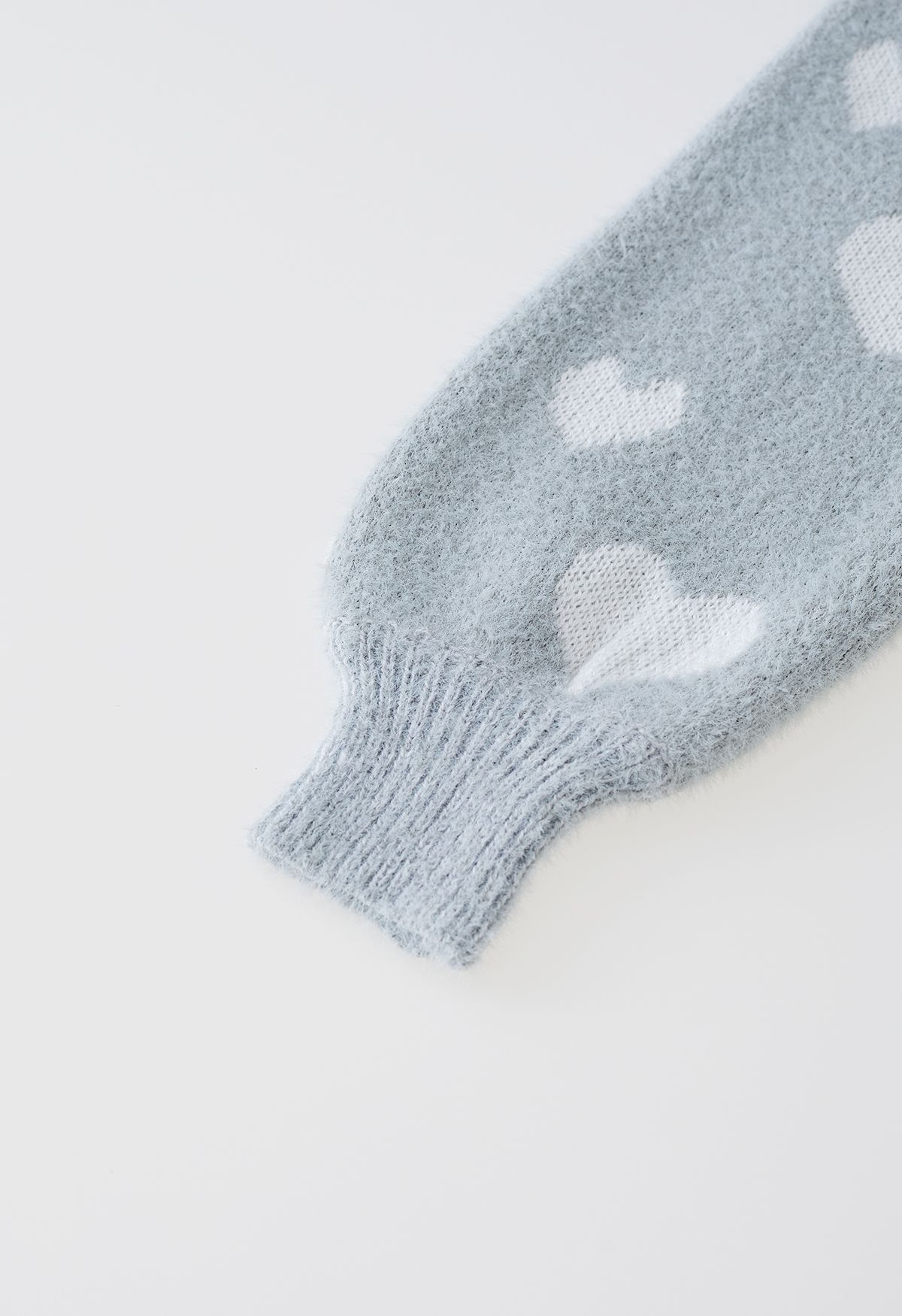 Fuzzy Contrast Heart Knit Sweater in Grey