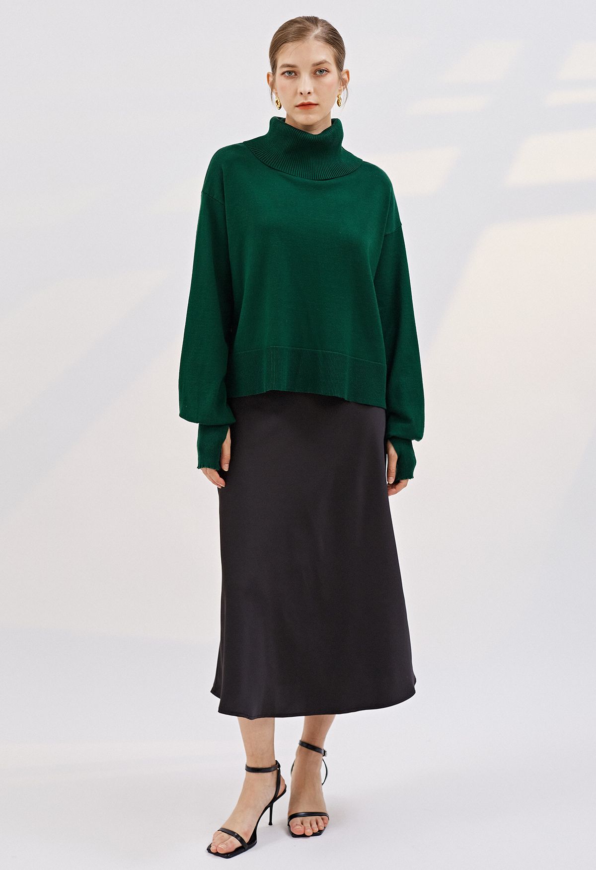 Turtleneck Side Buttons Slouchy Knit Top in Dark Green
