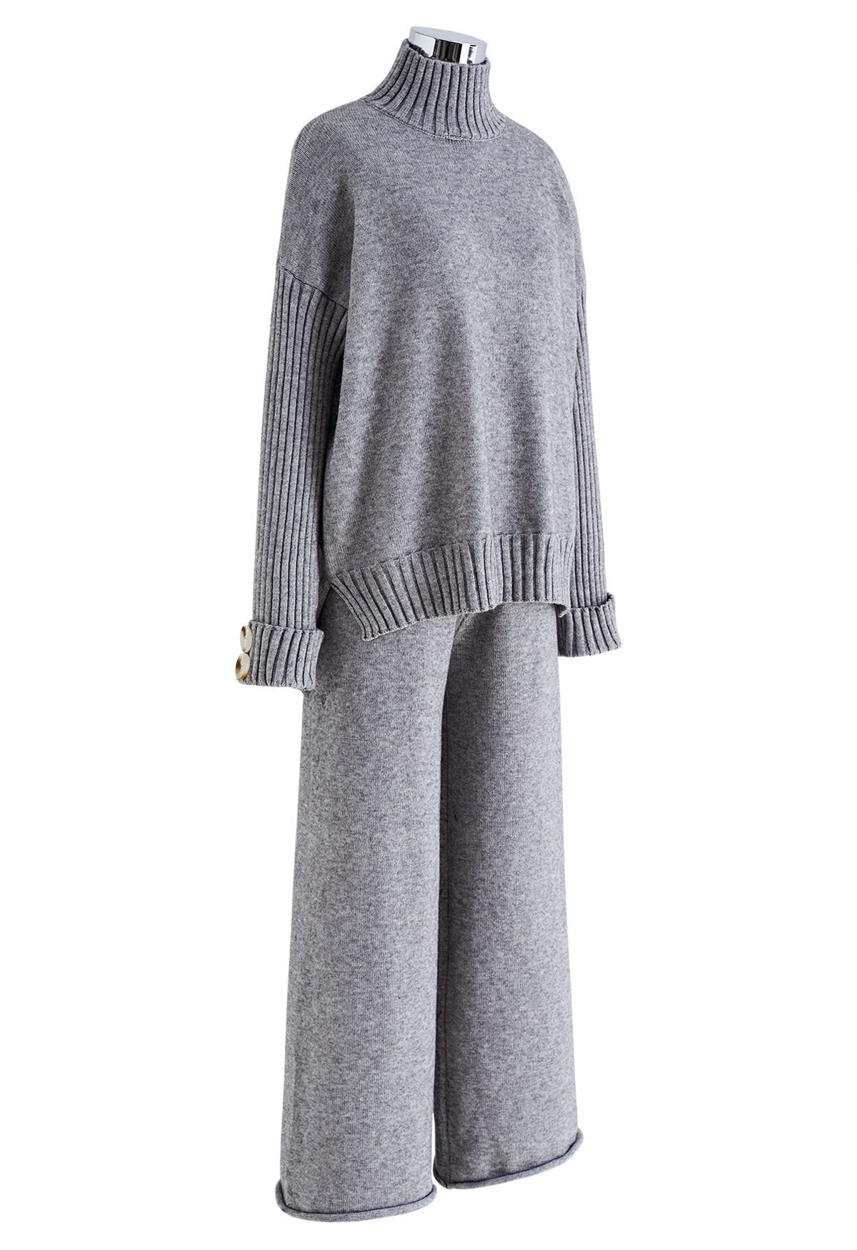 High Neck Buttoned Cuff Sweater and Knit Pants Set in Grey