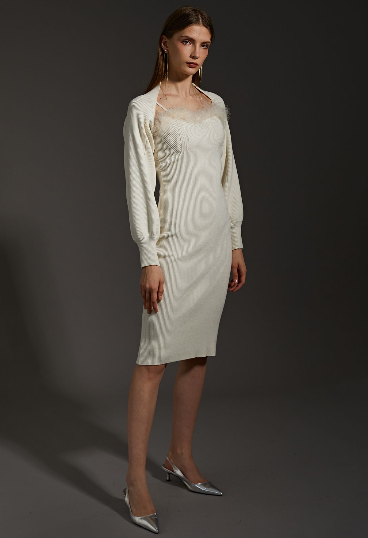 Feathered Ribbed Knit Twinset Dress in Cream