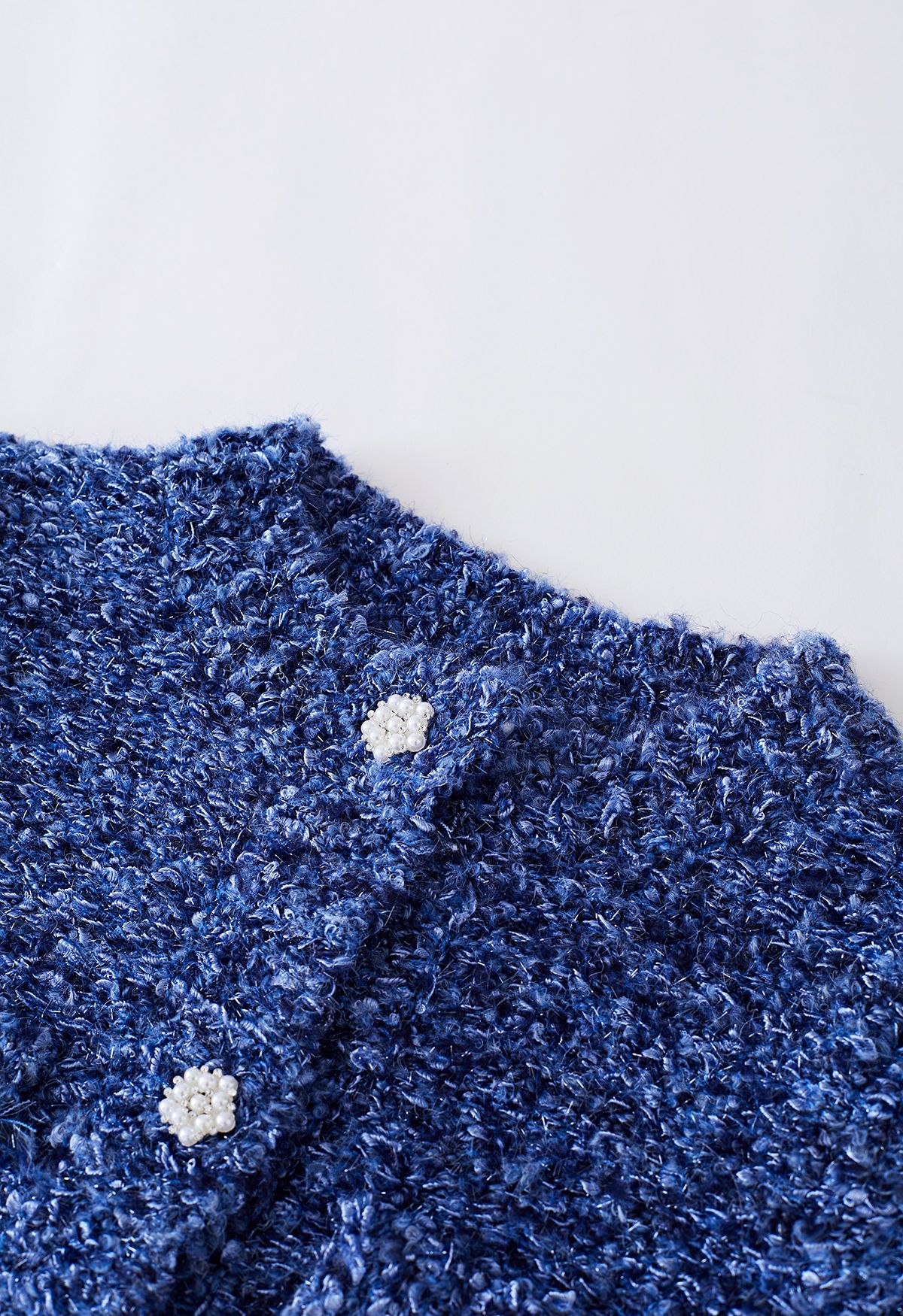 Pearly Button Shimmer Fuzzy Crop Cardigan in Blue