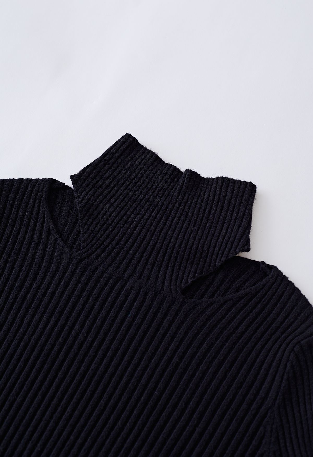 Cutout High Neck Rib Knit Top in Black