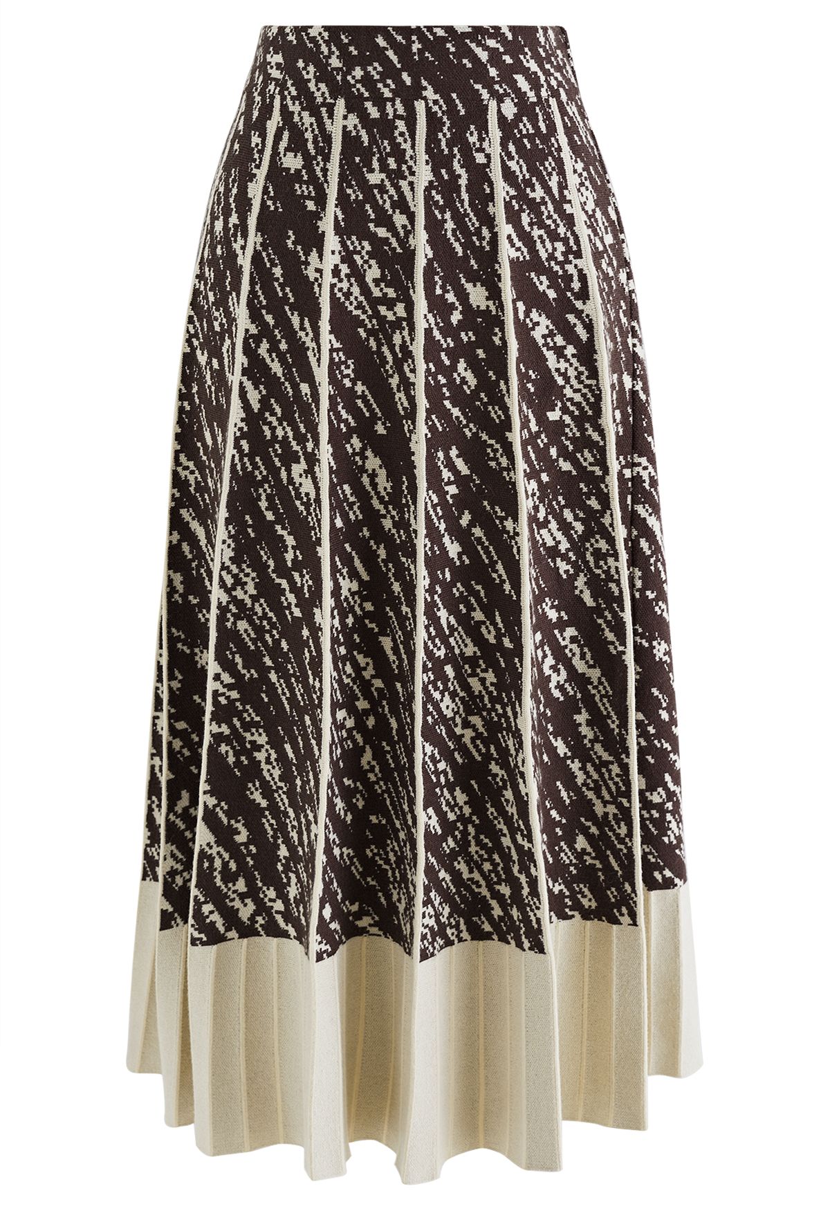 Contrast Hem A-line Pleated Knit Skirt in Cream