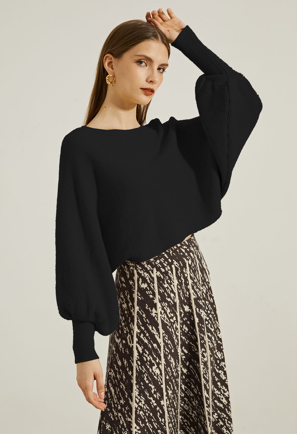 Exaggerated Bubble Sleeve Boat Neck Knit Top in Black