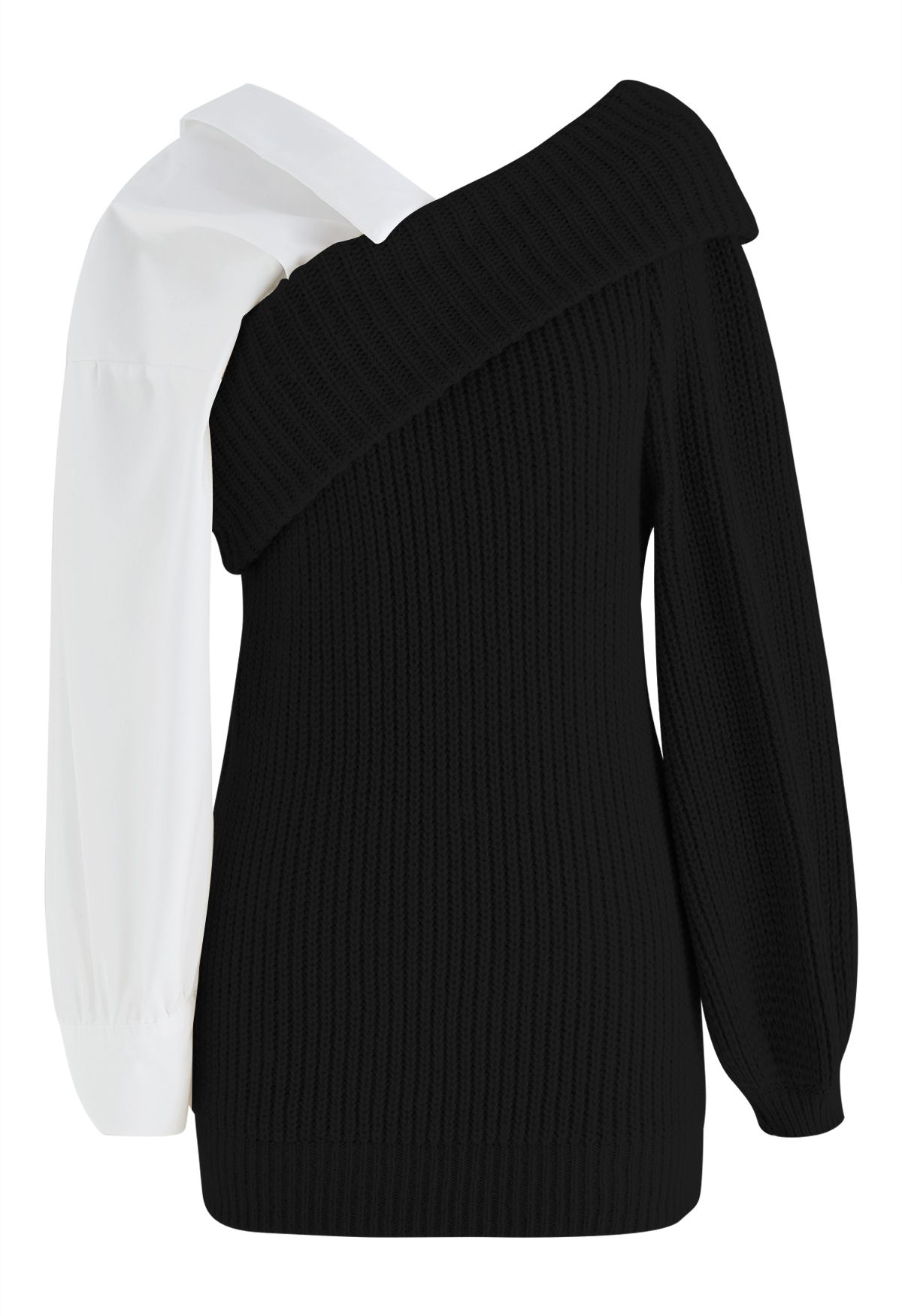 Splicing Folded Shoulder Rib Knit Sweater in Black