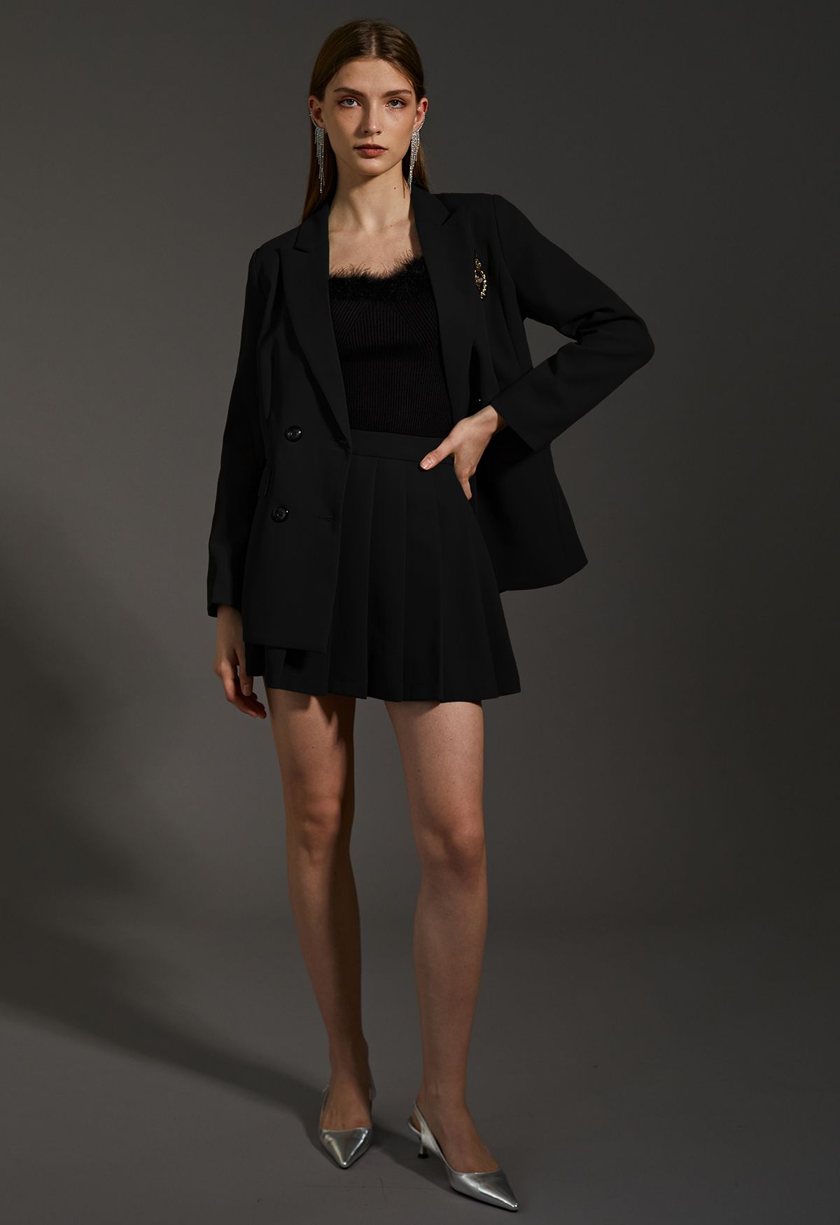 Bee Badge Solid Color Blazer and Skirt Set in Black - Retro, Indie and ...