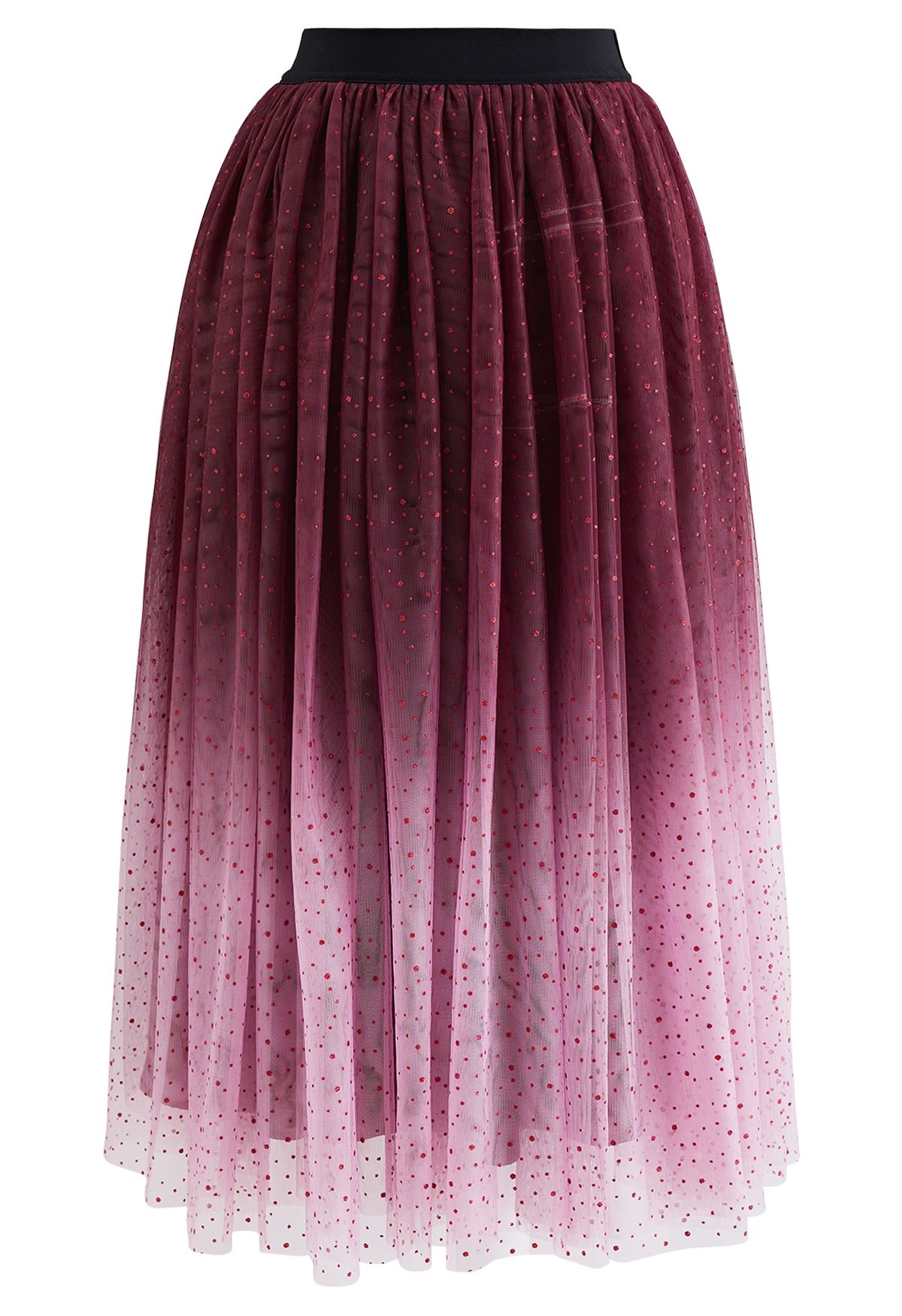 Festive Sparkle Ombre Tulle Midi Skirt in Burgundy