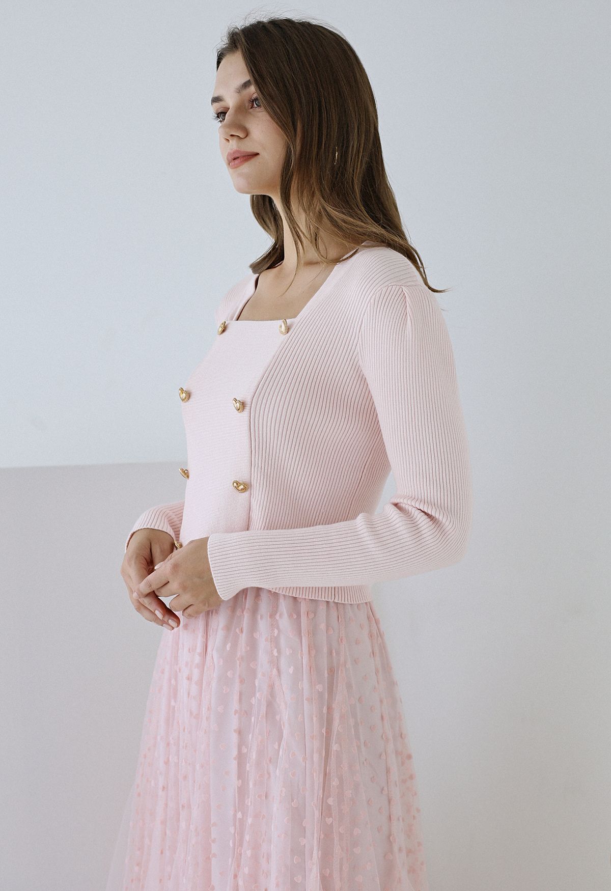 Heart-Shape Buttons Square Neck Knit Top in Light Pink - Retro, Indie ...