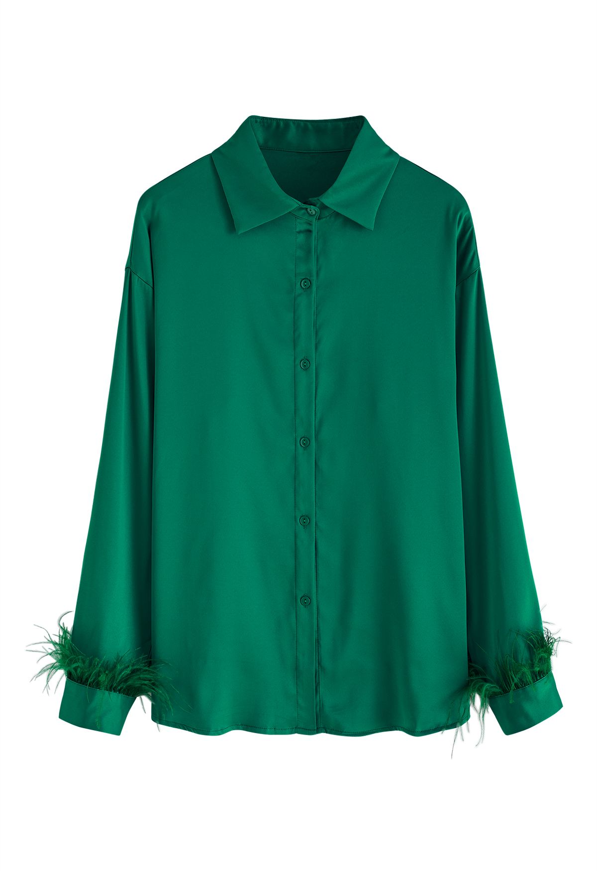 Feather Trim Cuffs Satin Shirt in Green