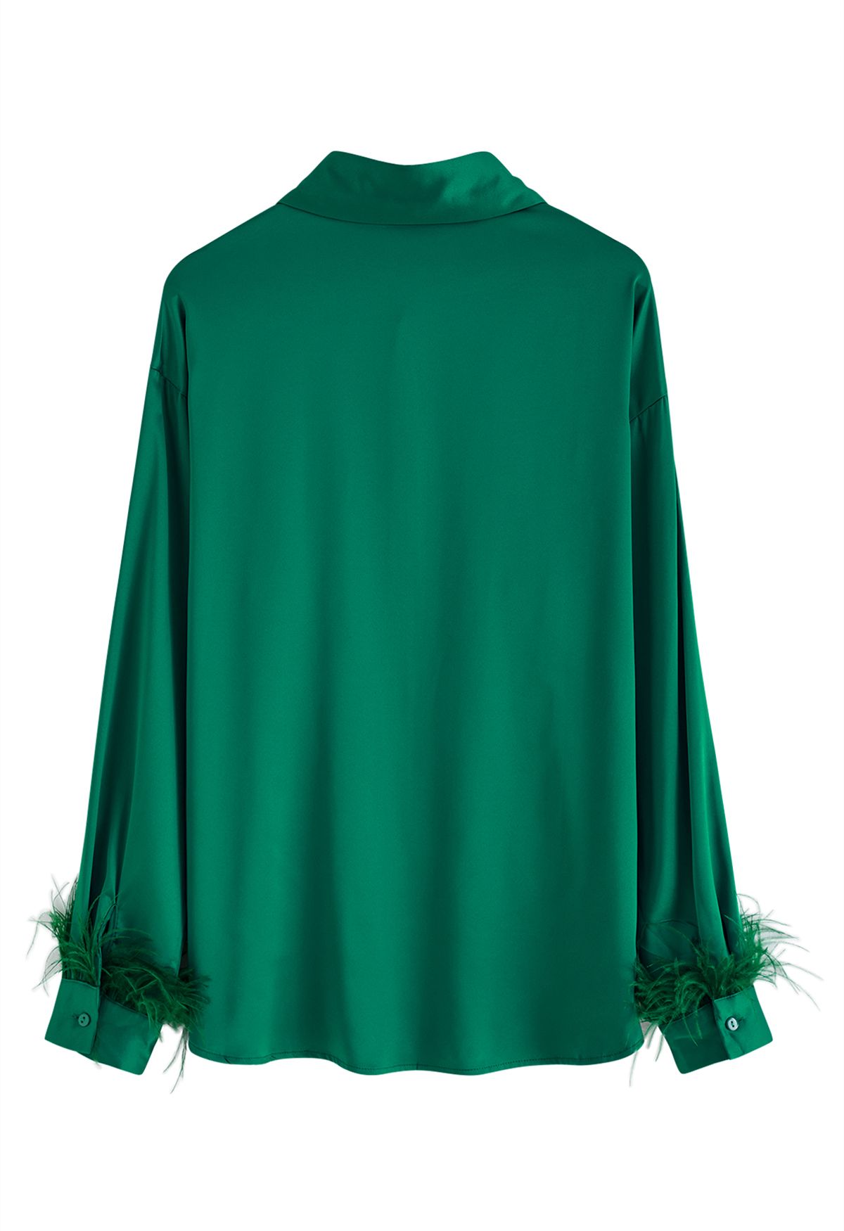 Feather Trim Cuffs Satin Shirt in Green