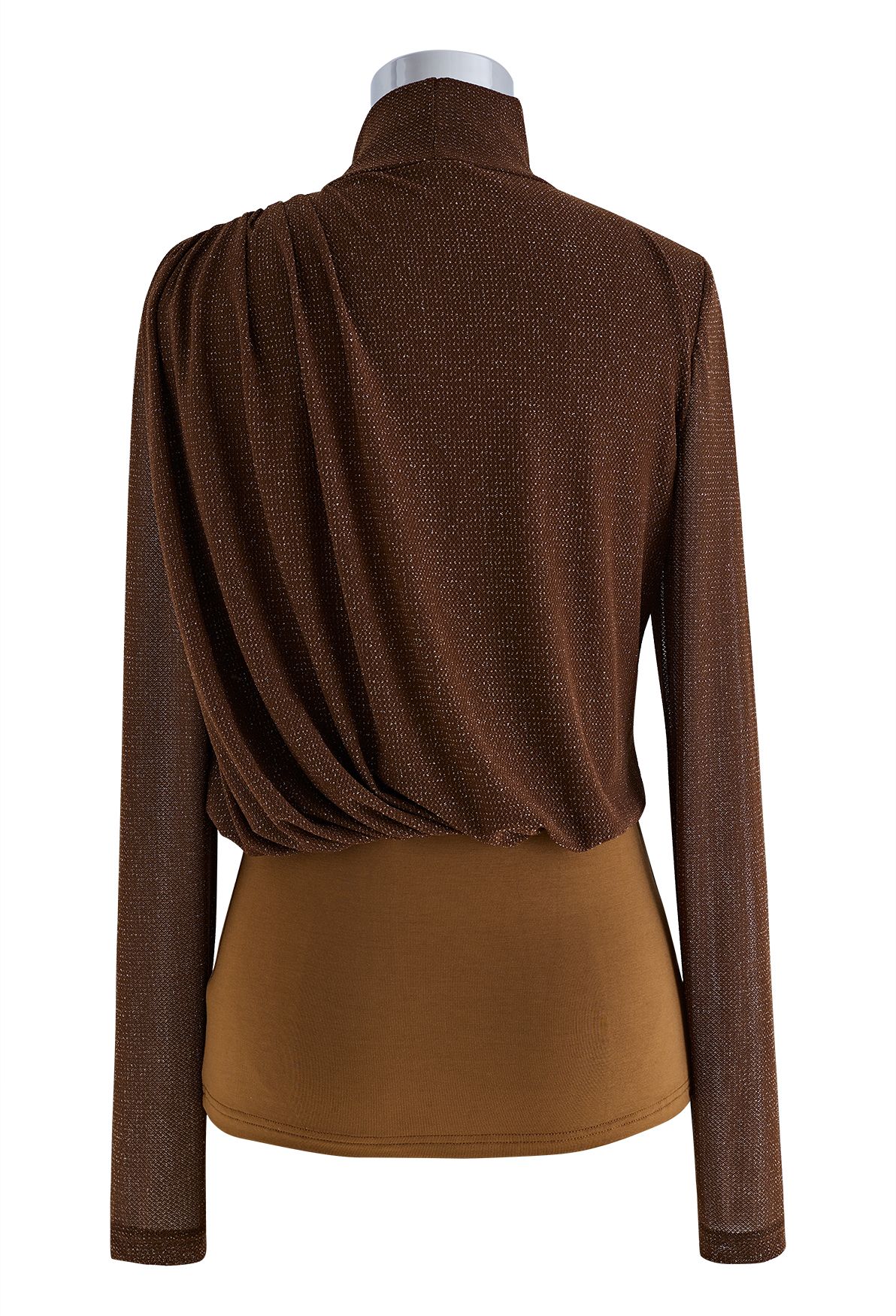 Gleam High Neck Spliced Ruched Top in Brown