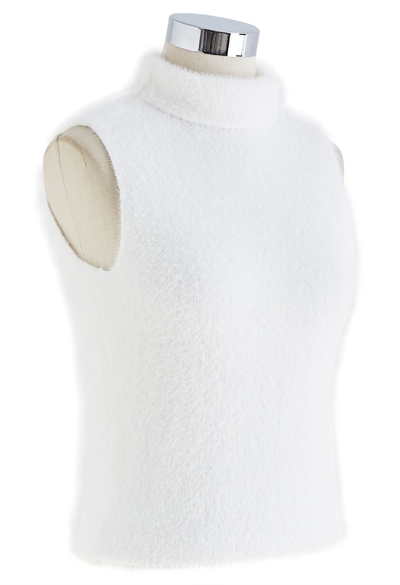 High Neck Fuzzy Knit Tank Top in White