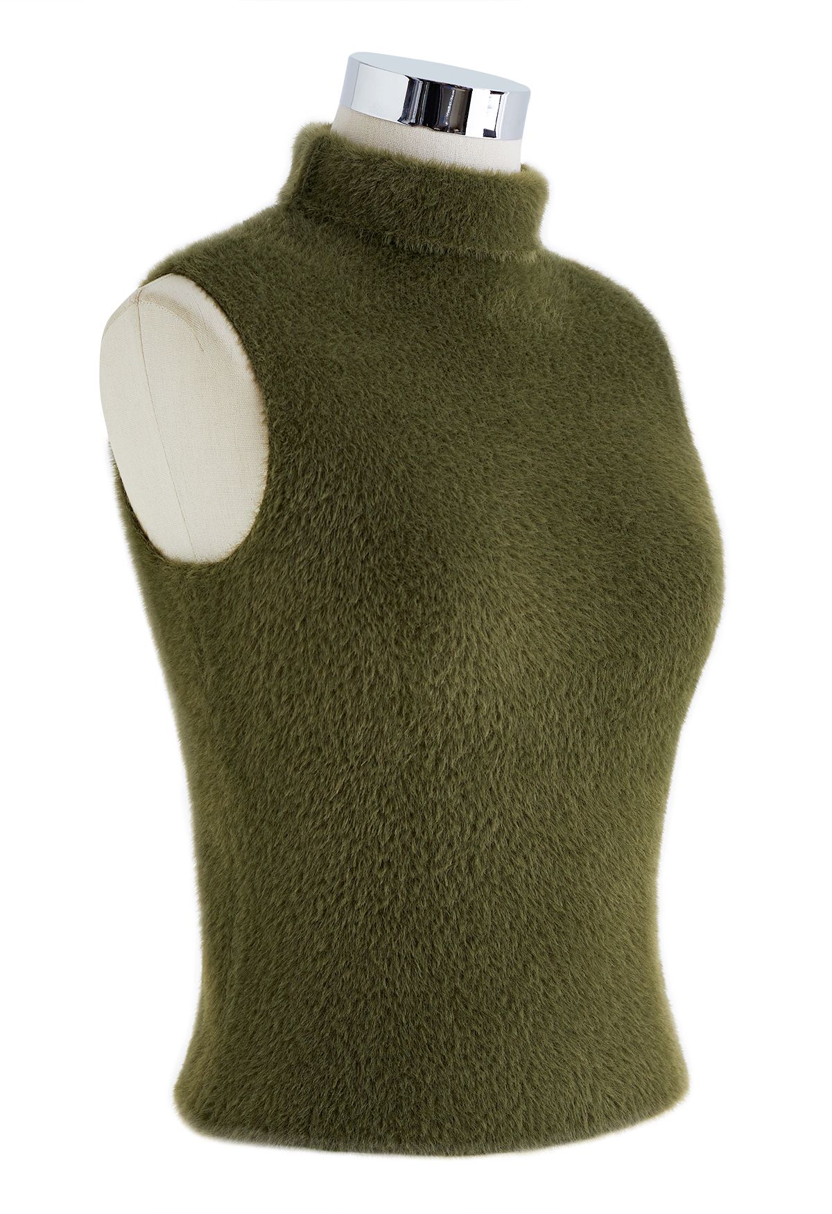 High Neck Fuzzy Knit Tank Top in Moss Green