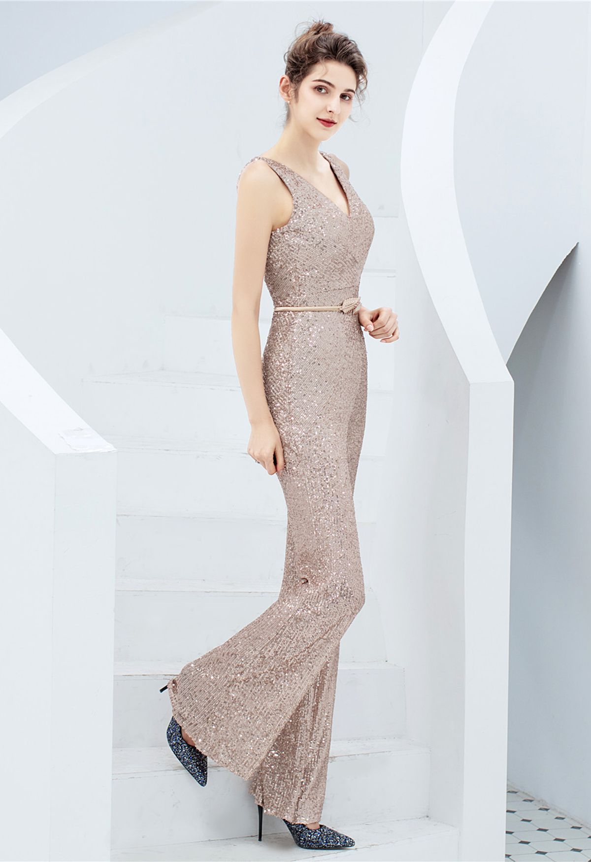 V-Neck Glitter Sequin Jumpsuit in Champagne