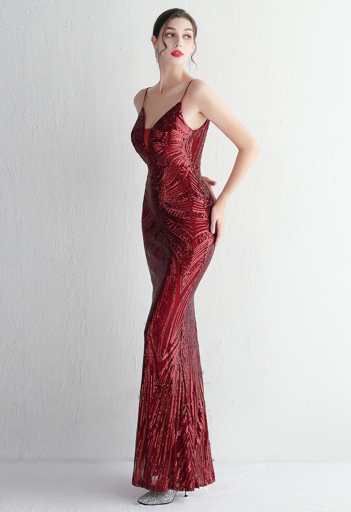 Glimmer Sequin Mermaid Cami Gown in Burgundy - Retro, Indie and Unique ...