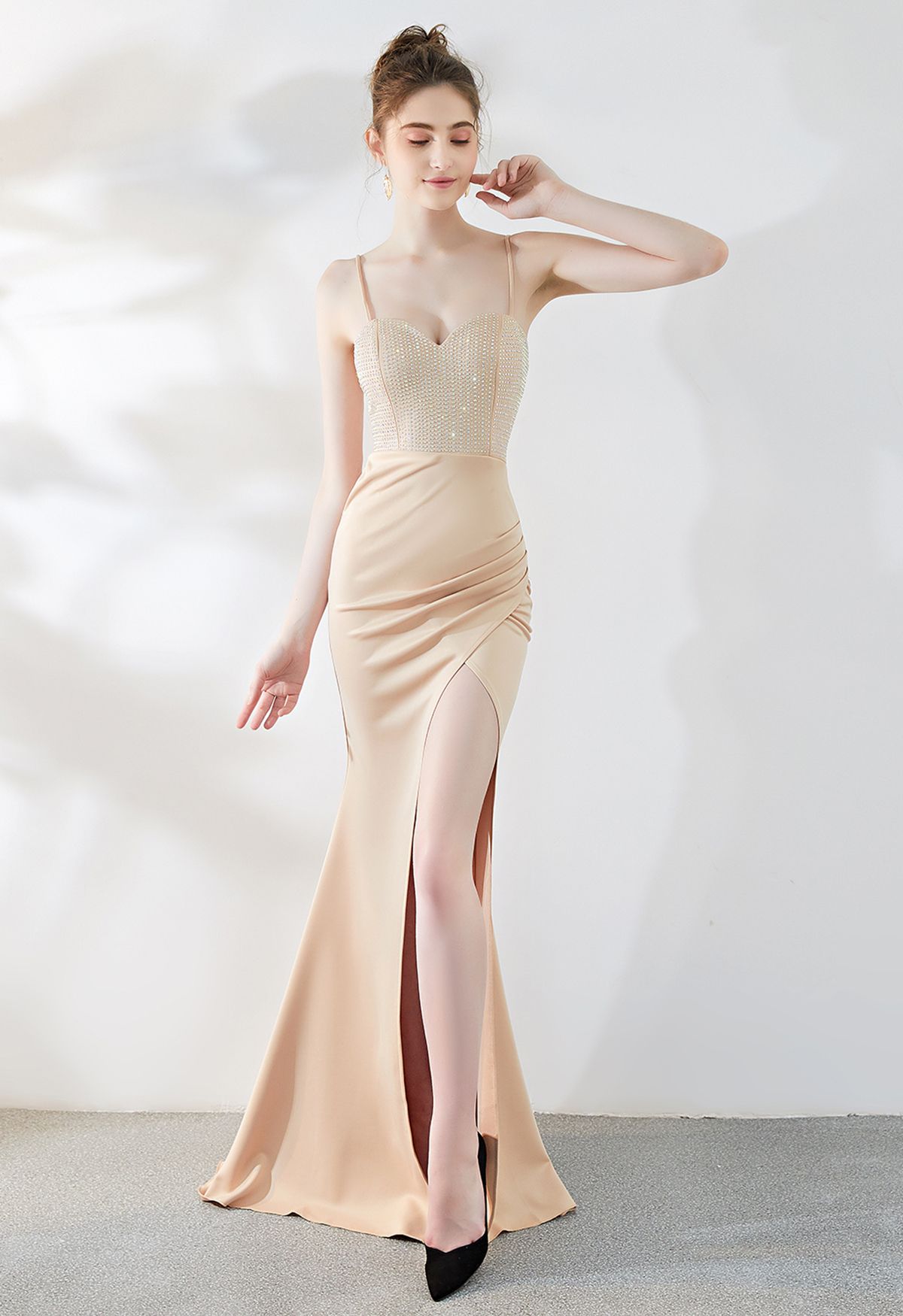 Crystal Embellished High Slit Satin Gown in Apricot