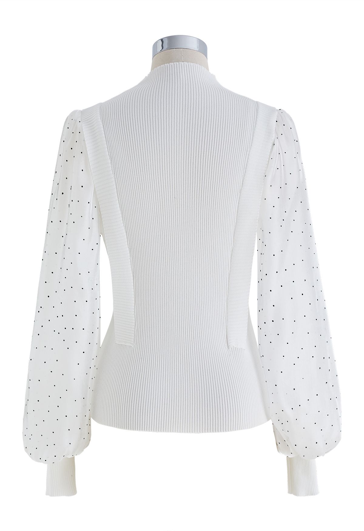 Spliced Dotted Sleeves Buttoned Knit Top in White