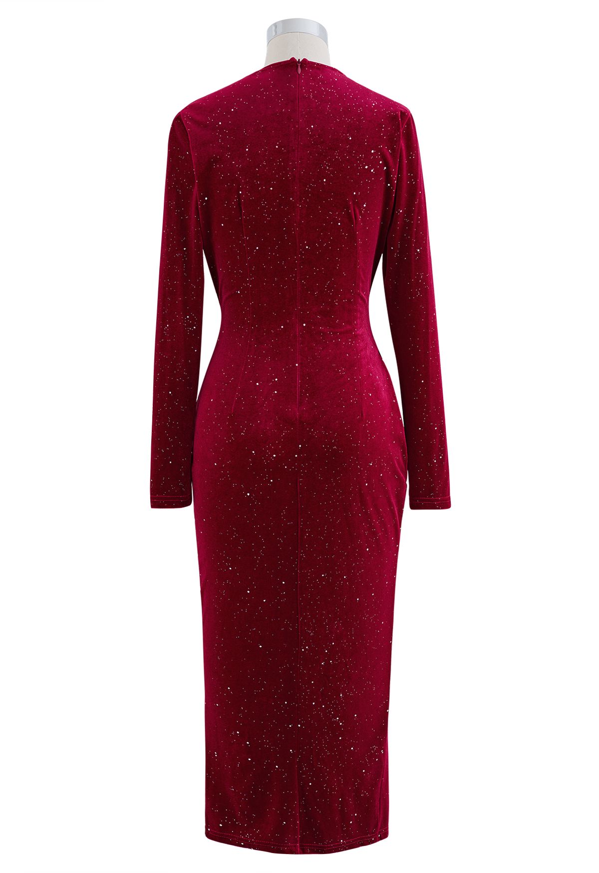 Glittery Velvet Wrap Midi Dress in Burgundy