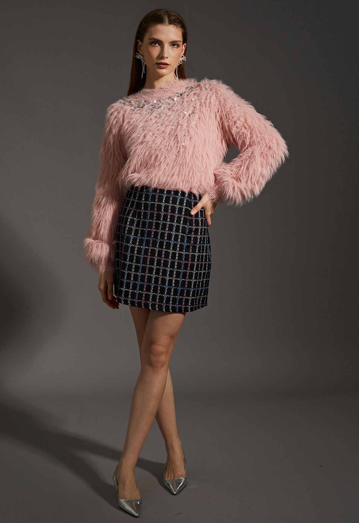 Fluffy Silver Sequins Knit Sweater in Pink