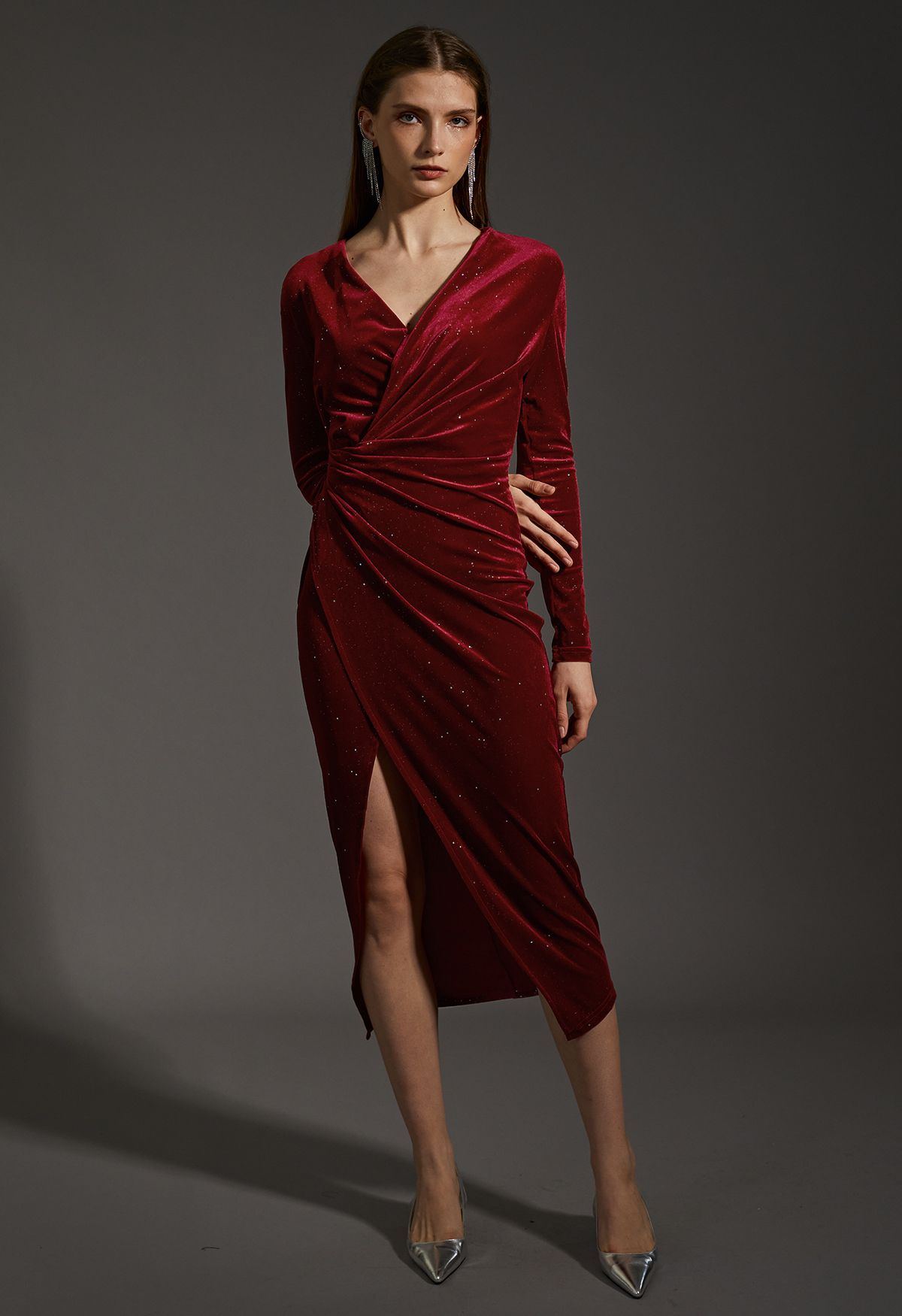 Glittery Velvet Wrap Midi Dress in Burgundy