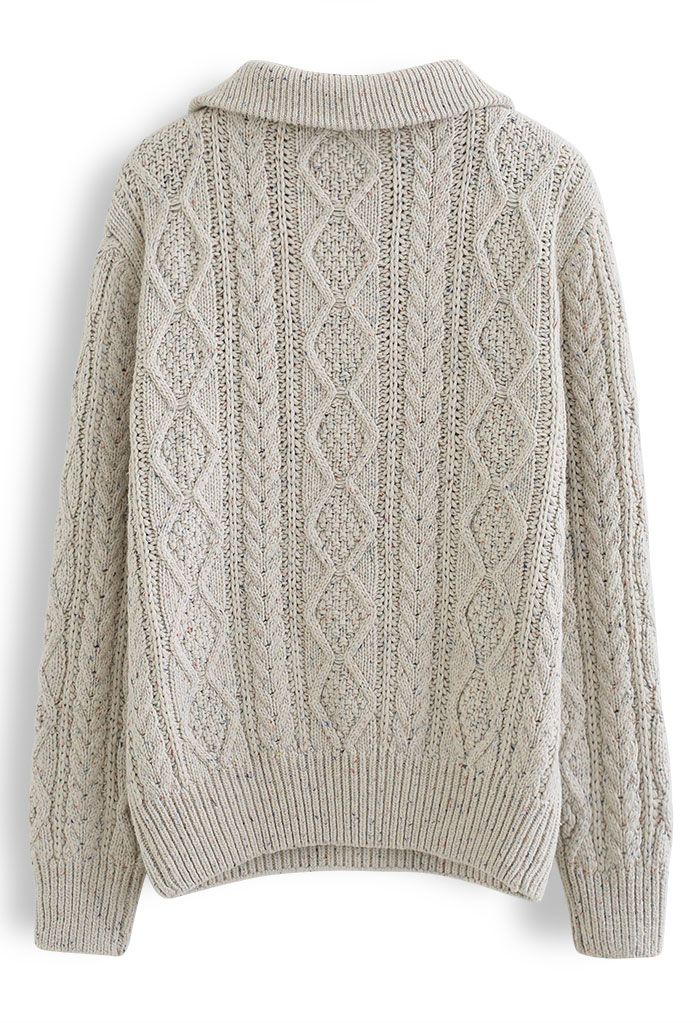 Zipper High Neck Mix-Color Knit Sweater in Linen