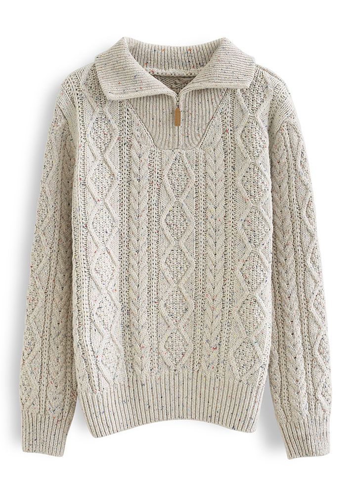 Zipper High Neck Mix-Color Knit Sweater in Linen