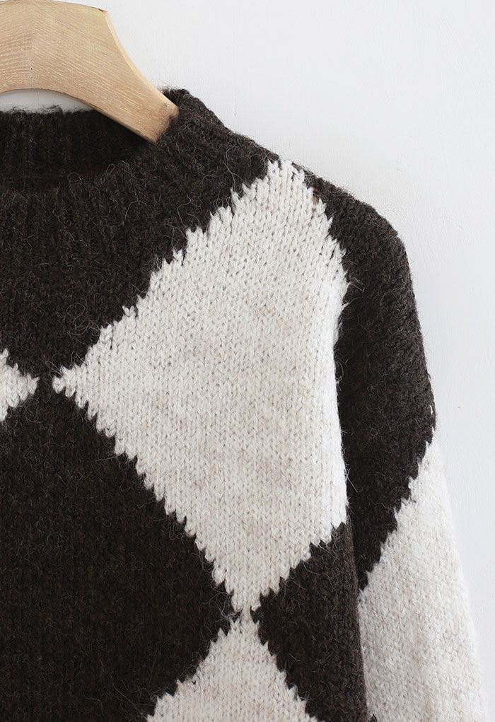 Diamond Color-Block Fuzzy Knit Sweater in Brown