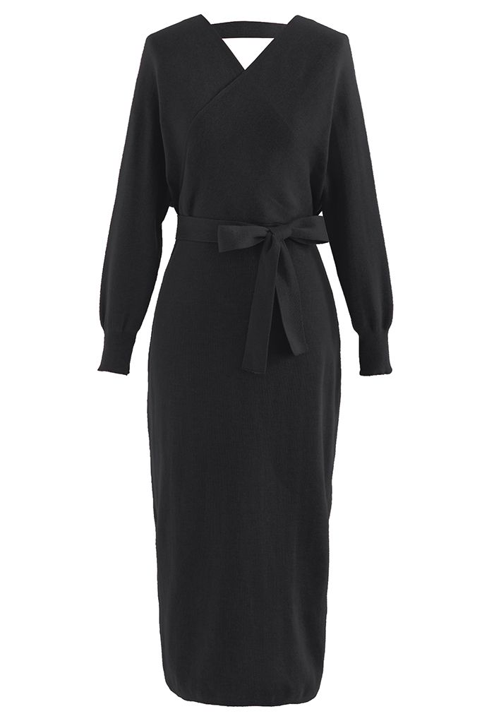 Batwing Sleeve Wrapped Midi Knit Dress in Black