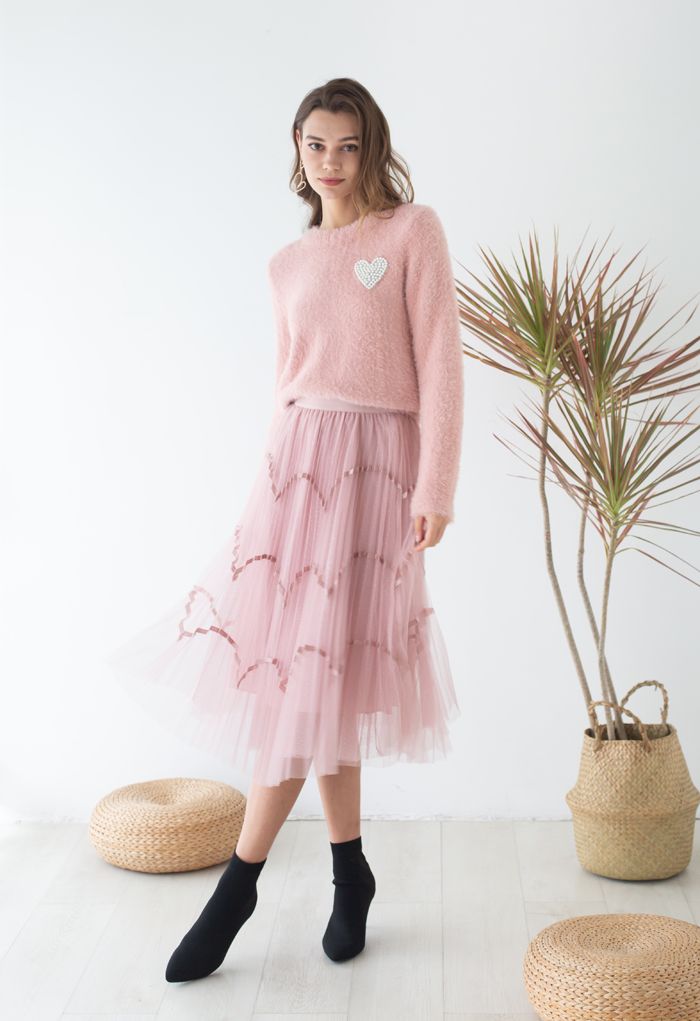 Pearly Heart Patch Soft Fuzzy Knit Sweater in Pink