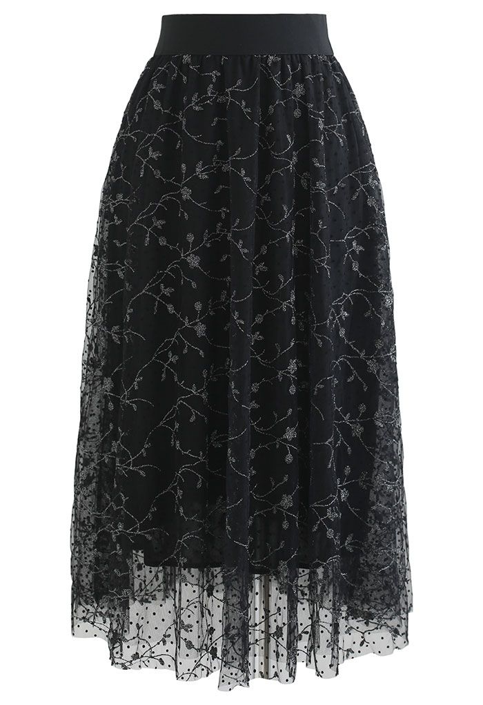Embroidered Vine Flock Dots Mesh Midi Skirt in Black - Retro, Indie and ...