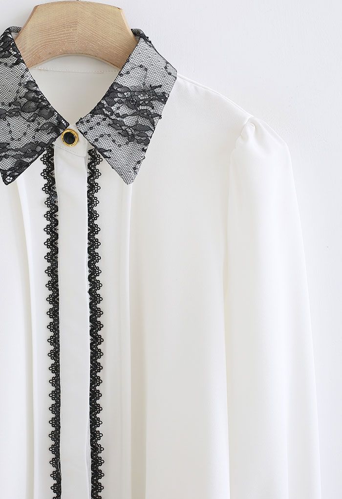 Lace and Sequin Embellished Button Down Shirt in White