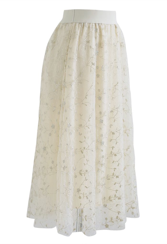 Embroidered Vine Flock Dots Mesh Midi Skirt in Cream - Retro, Indie and ...
