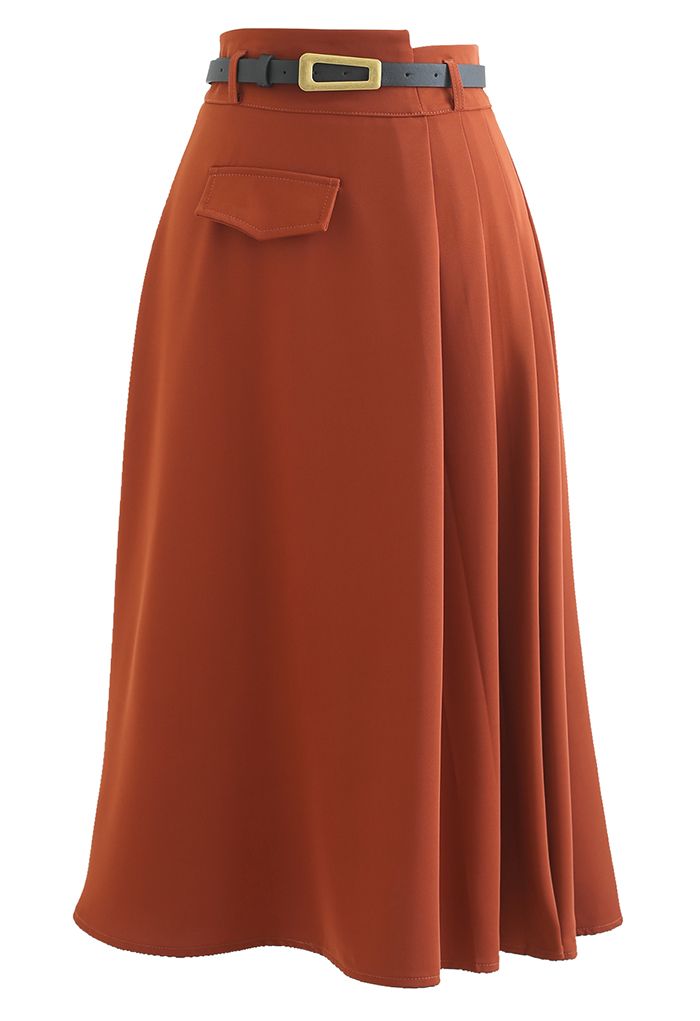 Half Pleat High-Waisted Belted Skirt in Rust Red