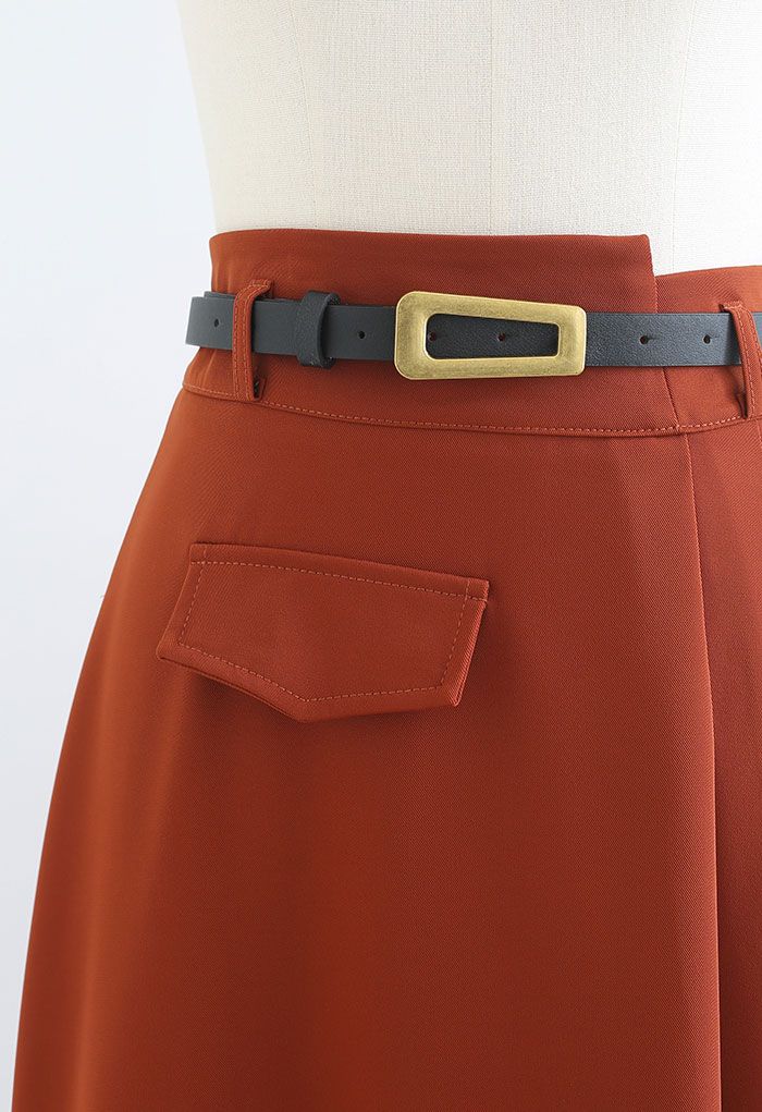 Half Pleat High-Waisted Belted Skirt in Rust Red