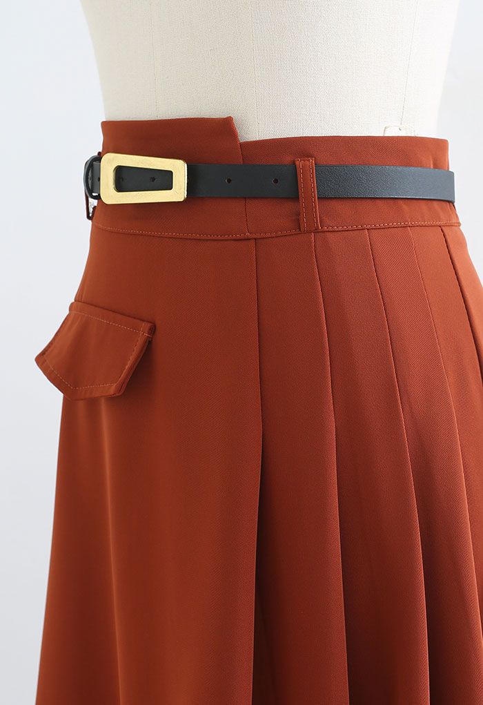 Half Pleat High-Waisted Belted Skirt in Rust Red