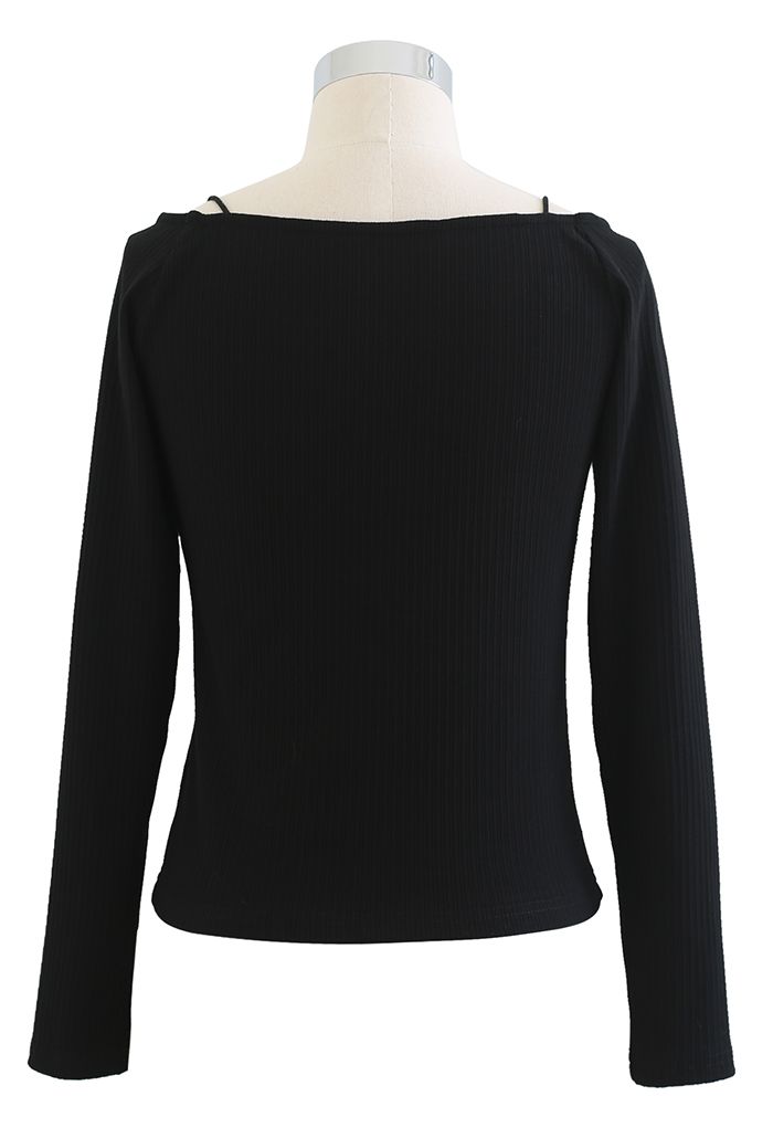 Bead Trim Cold-Shoulder Crop Knit Top in Black