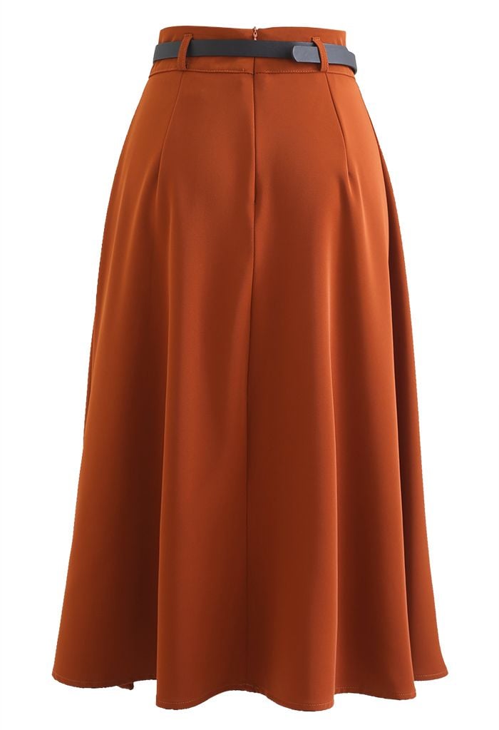 Half Pleat High-Waisted Belted Skirt in Rust Red