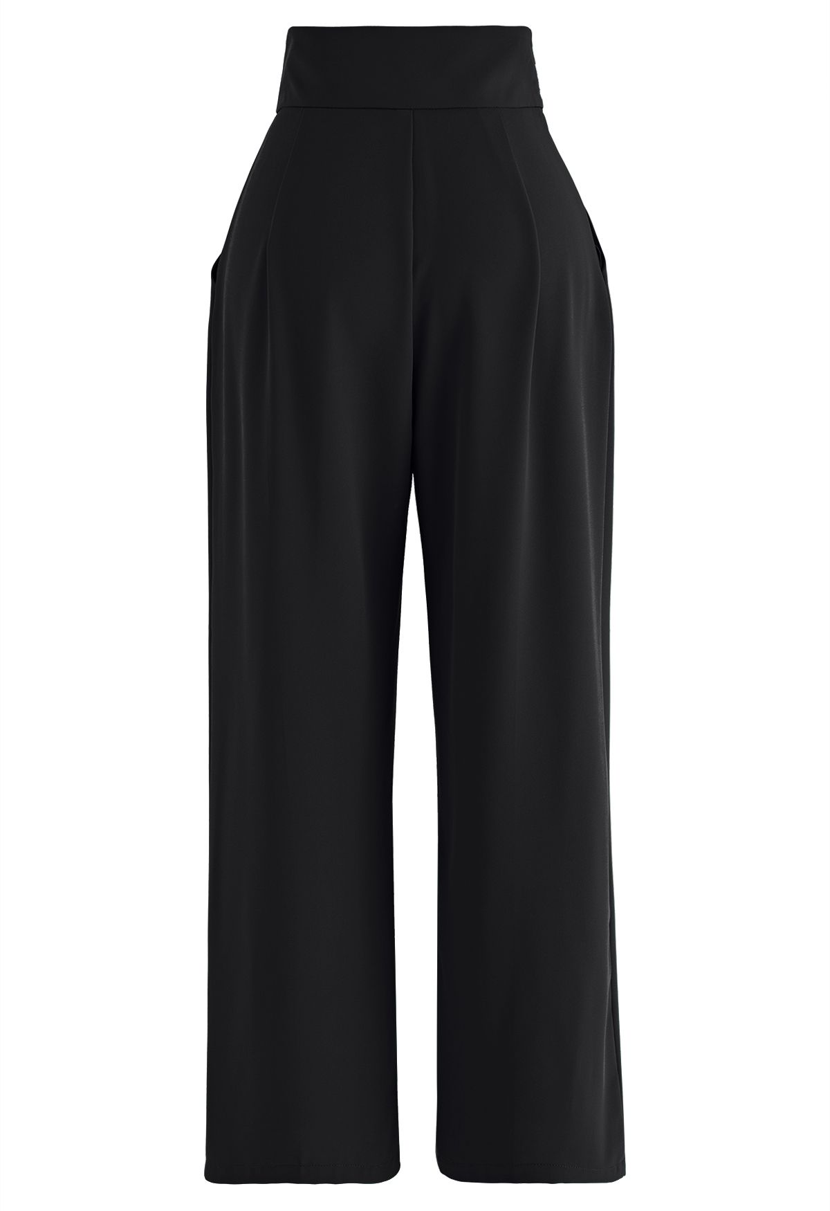 Pearly Pleated Waist Wide-Leg Pants in Black