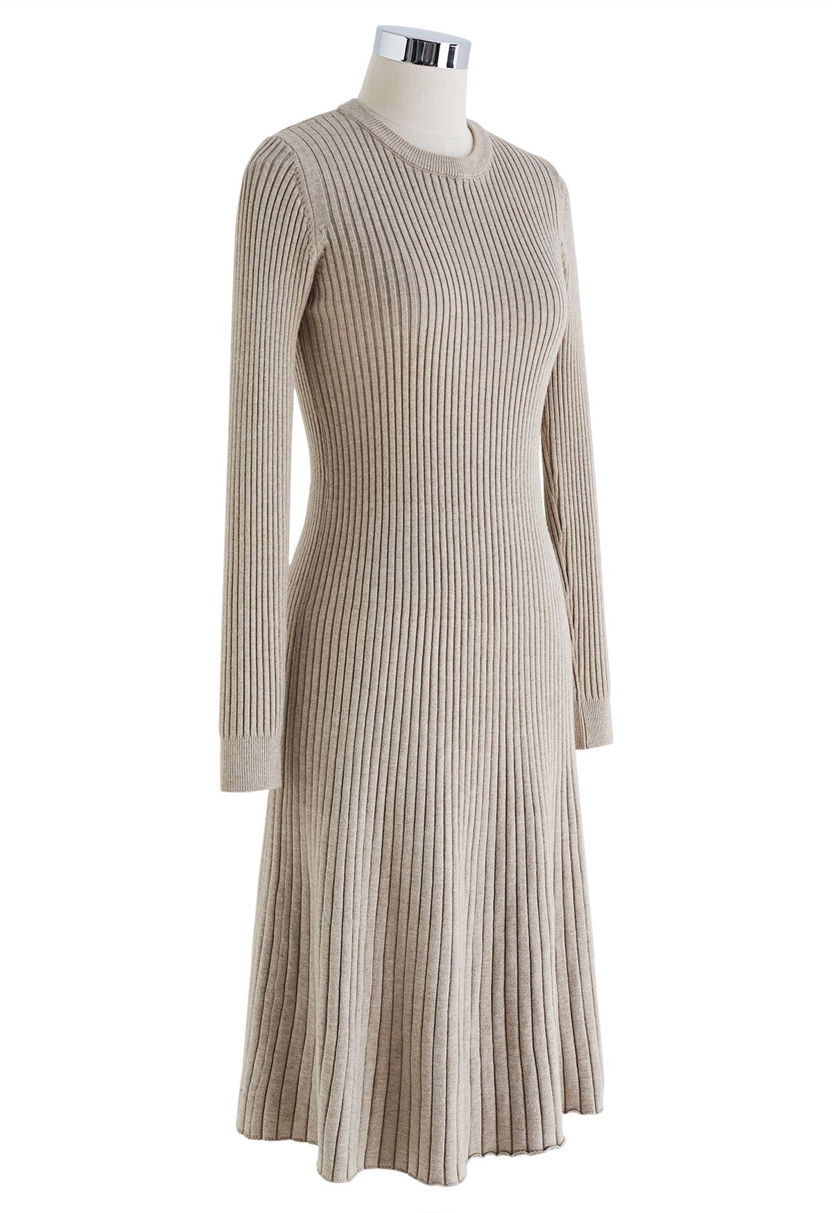 Ribbed Texture Frilling Midi Dress in Taupe