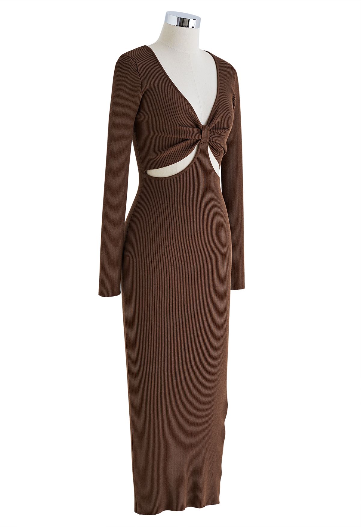 Front Cutout Split Hem Knit Dress in Brown